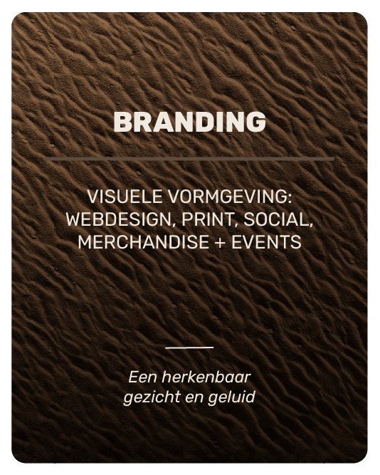 Branding: visuele vormgeving, webdesign, print, social, merchandise en events. Een herkenbaar gezicht en geluid.